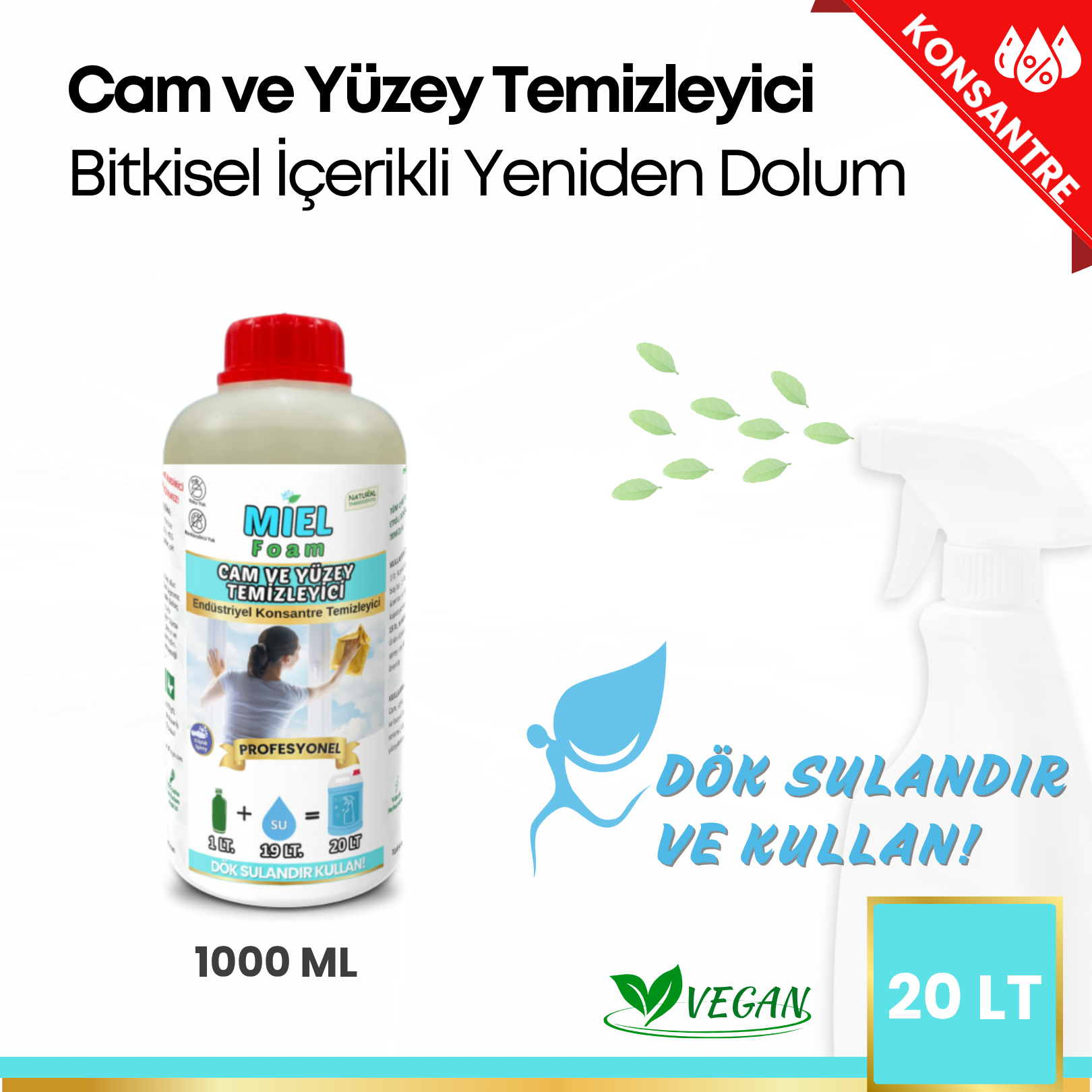 Endüstriyel Cam ve Yüzey Temizleyici - Konsantre Sıvı Köpük Sprey 1000 ml